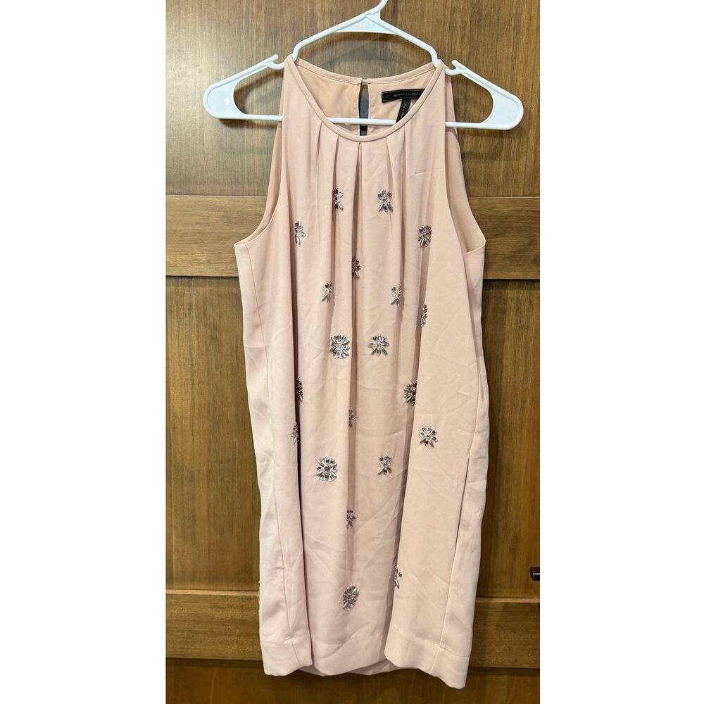 BCBG MAXAZRIA Blush Pink Beaded Embellished Pleated Halter Shift Mini Dress XXS